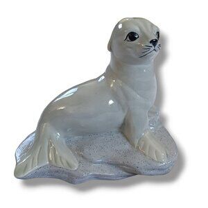 Seal Figurine Porcelain Ceramic Glazed Ocean Arctic Animals White Blue Gray